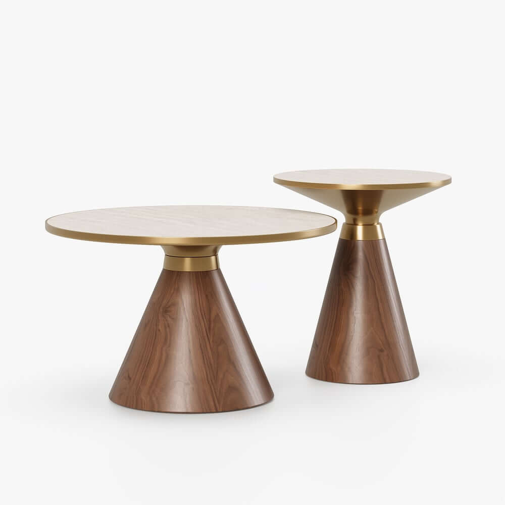 Round Sintered Stone Coffee Table Set - Walnut Finish