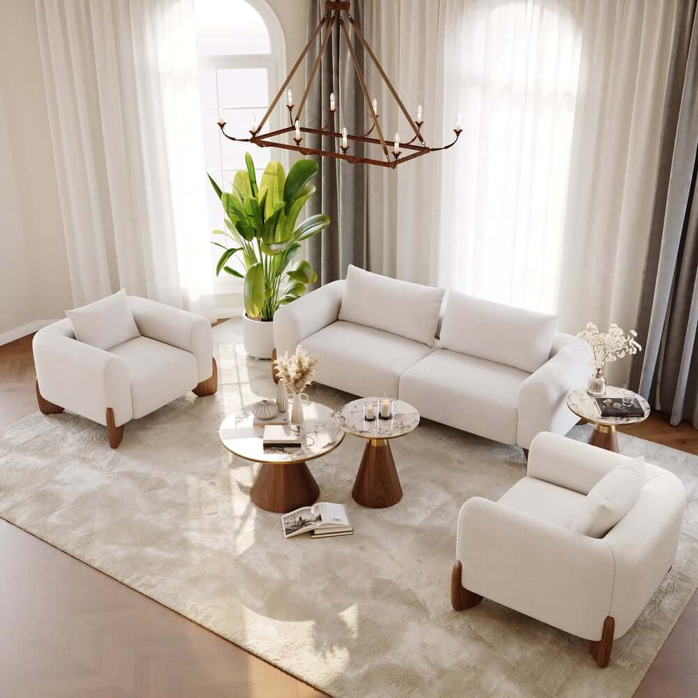 Round Sintered Stone Coffee Table Set - Walnut Finish