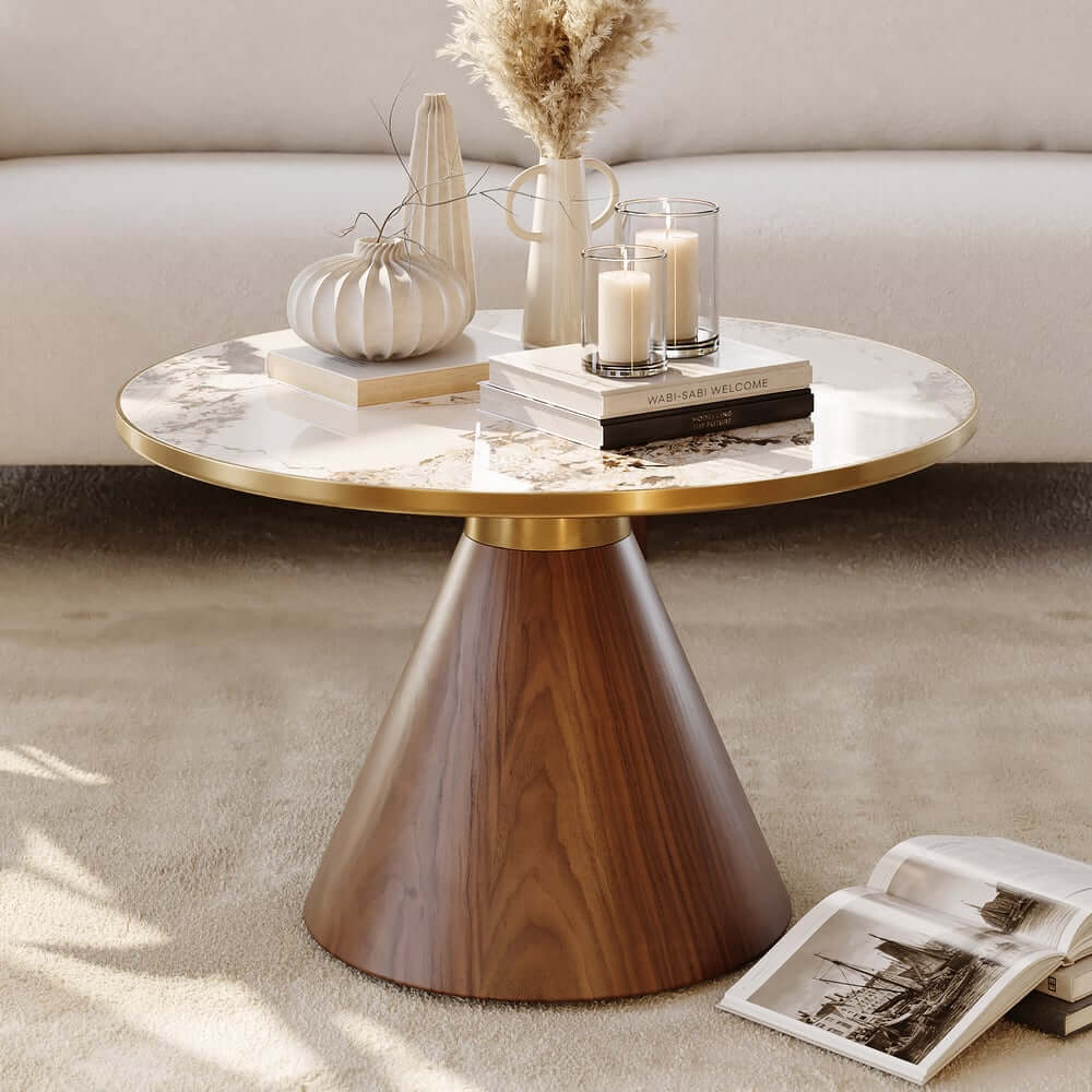 Round Sintered Stone Coffee Table Set - Walnut Finish