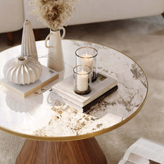 Round Sintered Stone Coffee Table Set - Walnut Finish