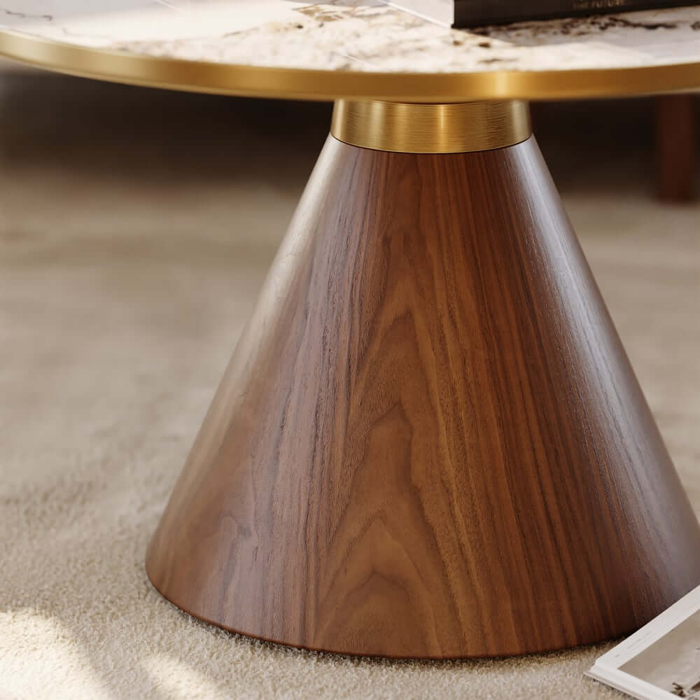 Round Sintered Stone Coffee Table Set - Walnut Finish