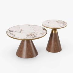 Round Sintered Stone Coffee Table Set - Walnut Finish