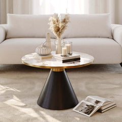 Round Sintered Stone Coffee Table Set - Walnut Finish