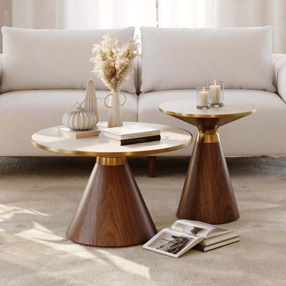 Round Sintered Stone Coffee Table Set - Walnut Finish