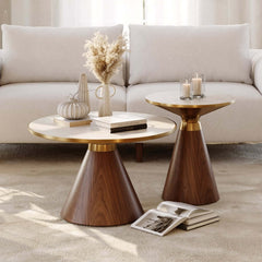 Round Sintered Stone Coffee Table Set - Walnut Finish