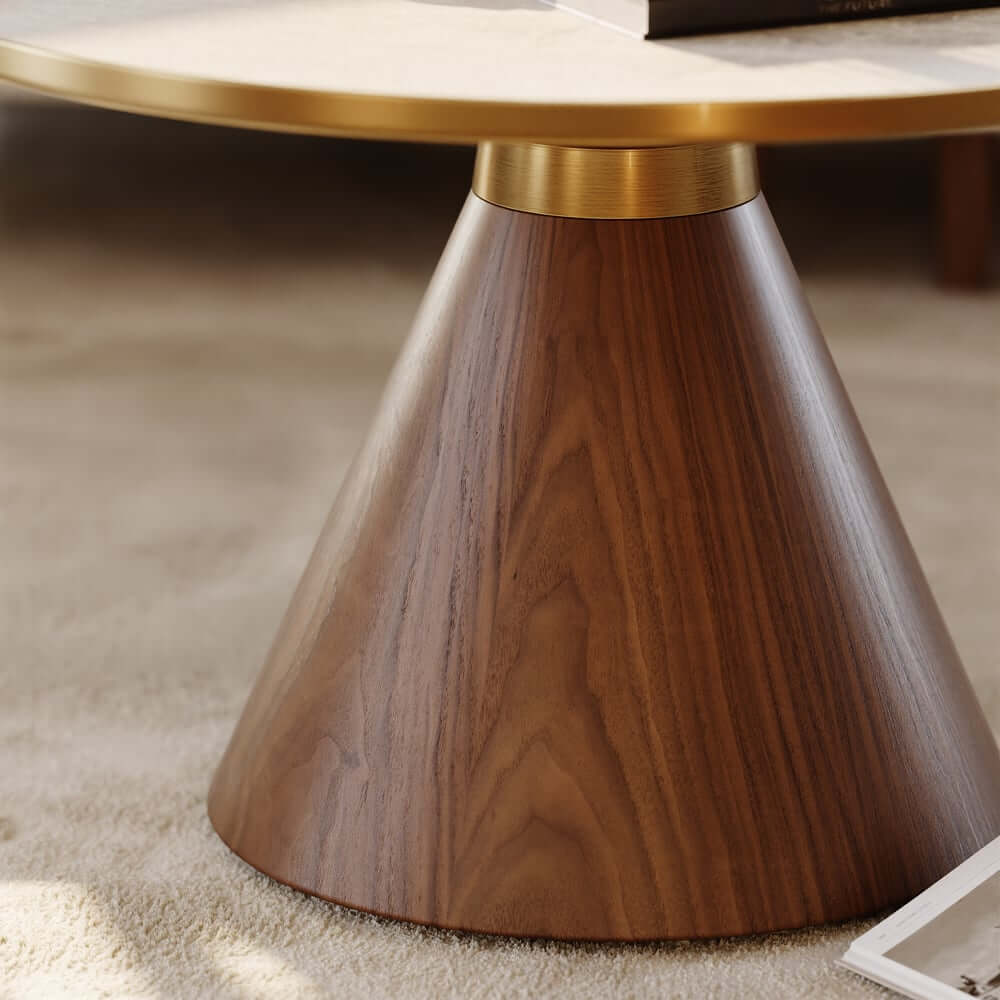 Round Sintered Stone Coffee Table Set - Walnut Finish