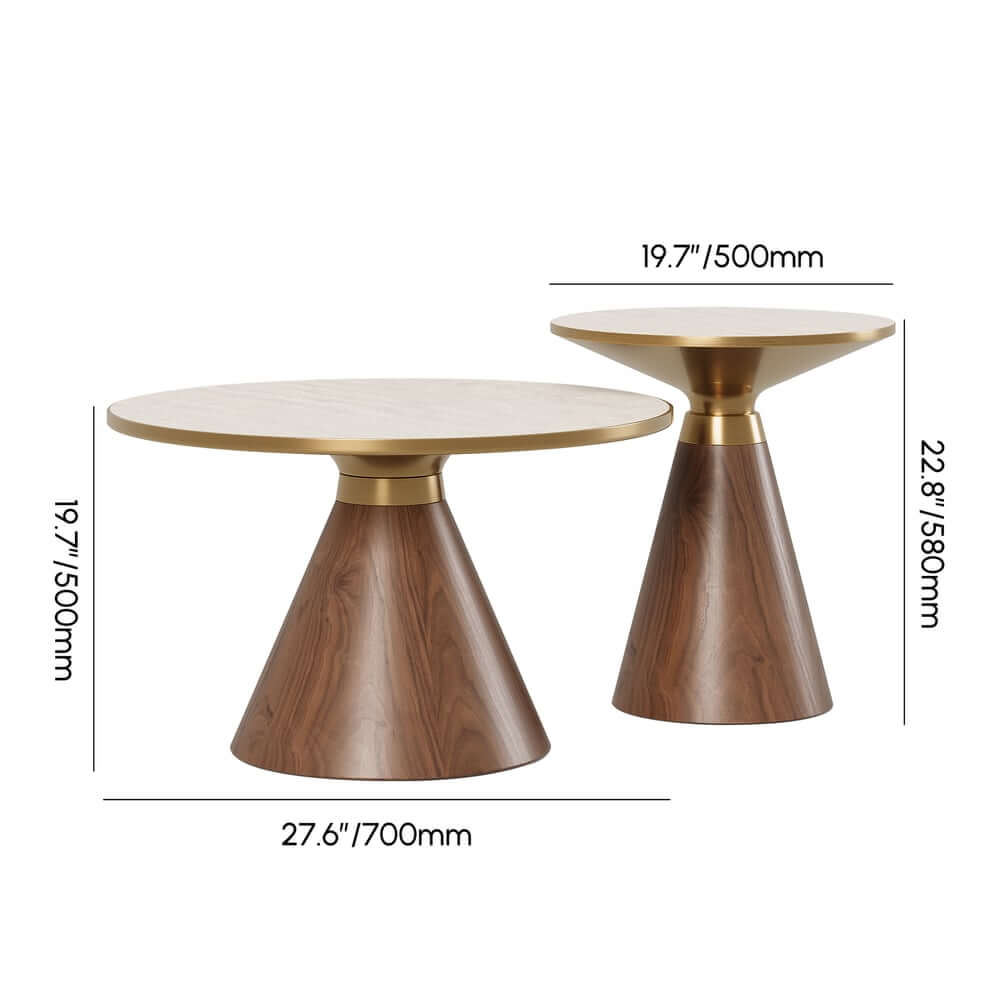 Round Sintered Stone Coffee Table Set - Walnut Finish Dimensions