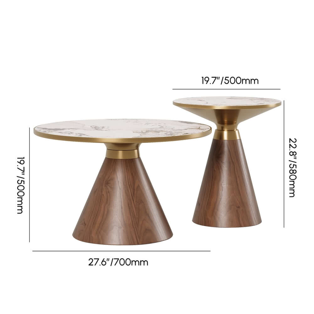 Round Sintered Stone Coffee Table Set - Walnut Finish Dimensions