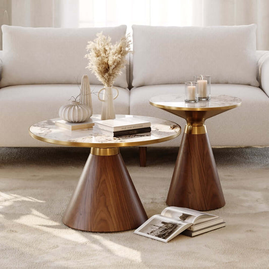 Round Sintered Stone Coffee Table Set - Walnut Finish Main Product Image