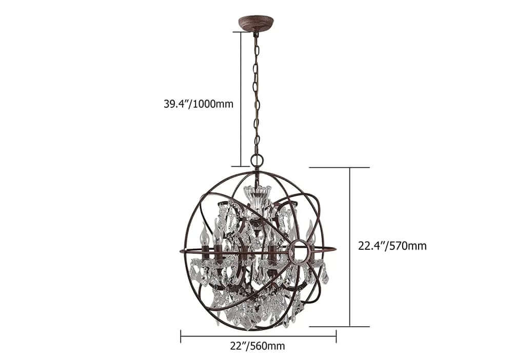 Rust Crystal Globe Chandelier - 6-Light Modern Fixture Dimensions