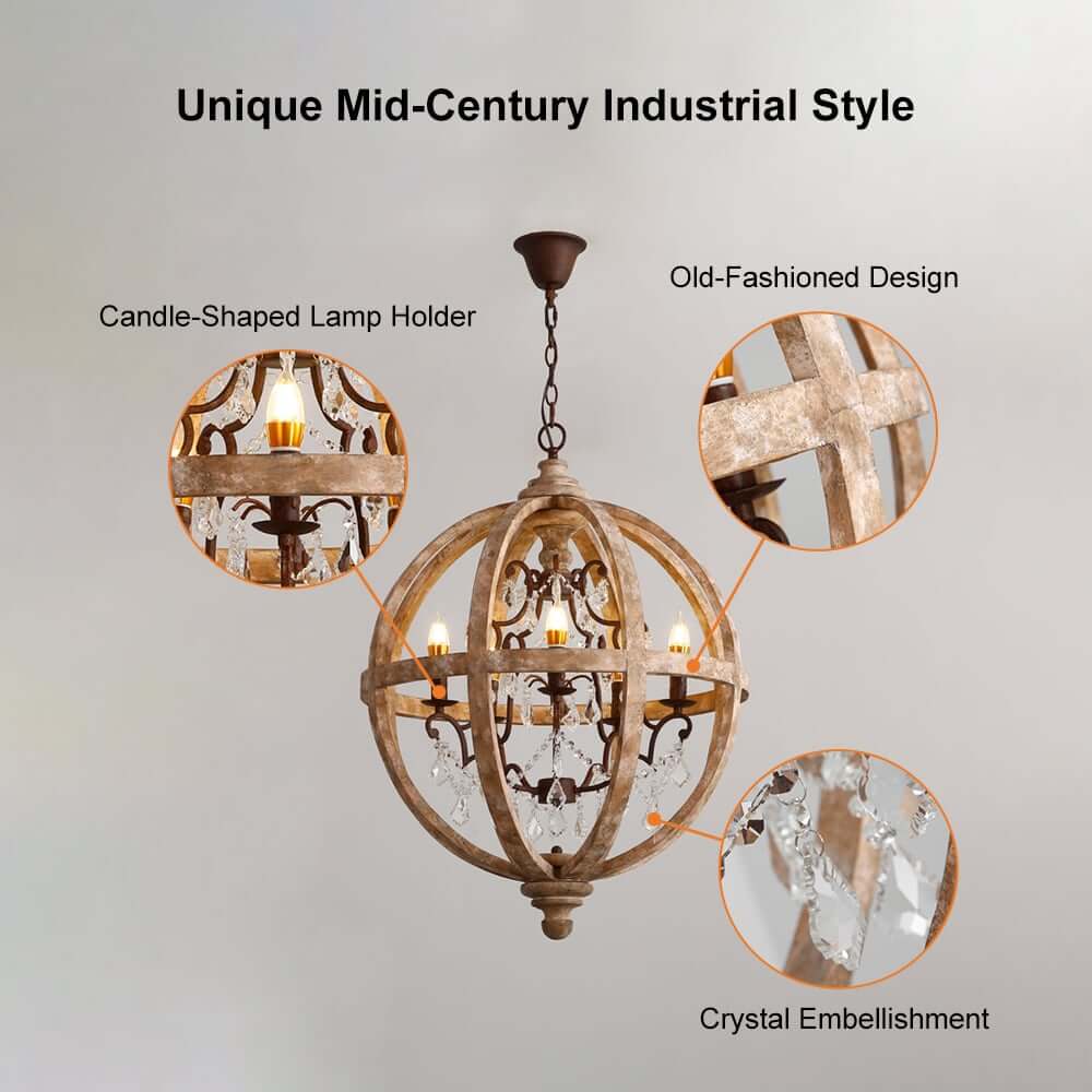 Rustic 5-Light Crystal Globe Chandelier with Adjustable Height