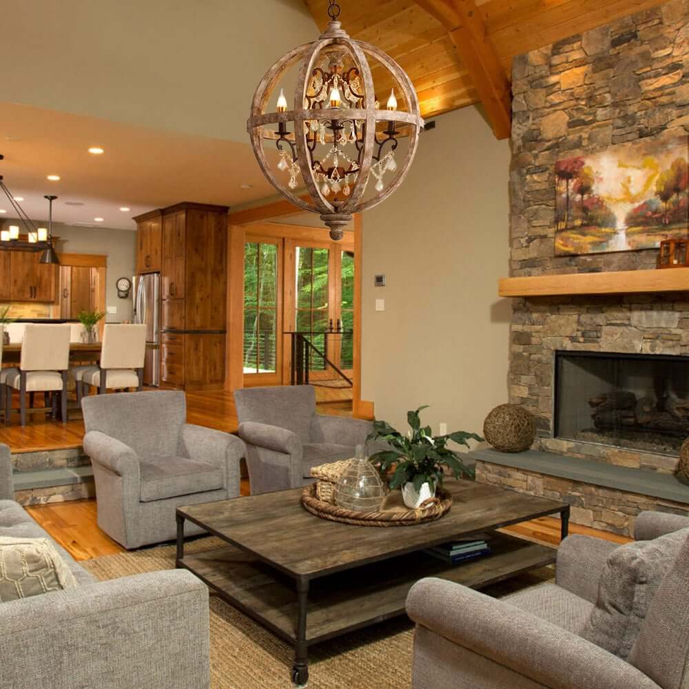 Rustic 5-Light Crystal Globe Chandelier with Adjustable Height