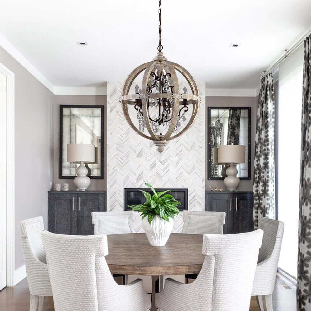 Rustic 5-Light Crystal Globe Chandelier with Adjustable Height