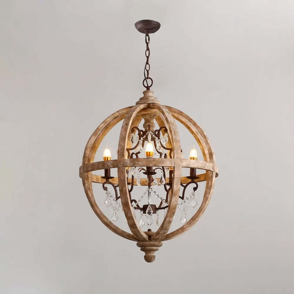 Rustic 5-Light Crystal Globe Chandelier with Adjustable Height