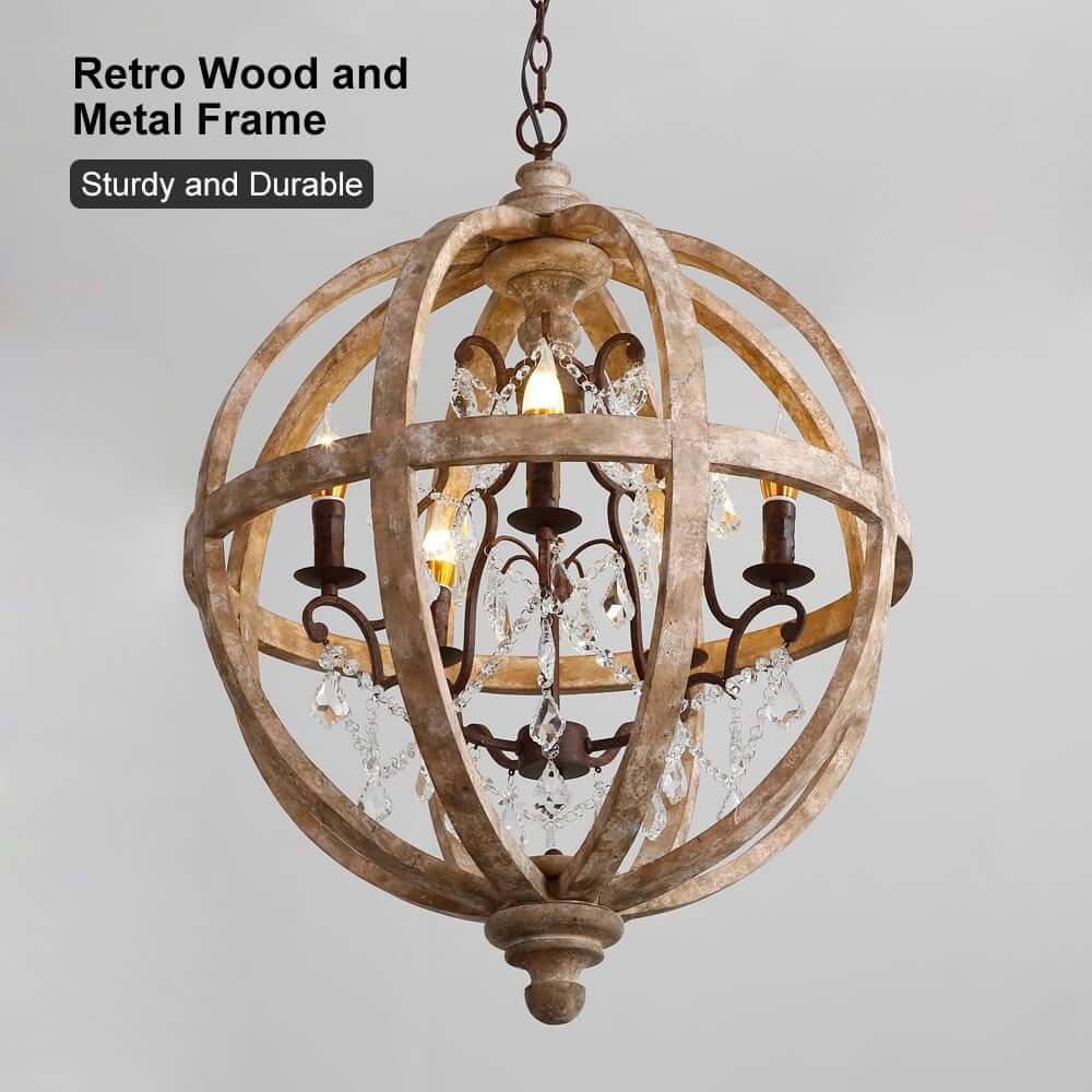 Rustic 5-Light Crystal Globe Chandelier with Adjustable Height