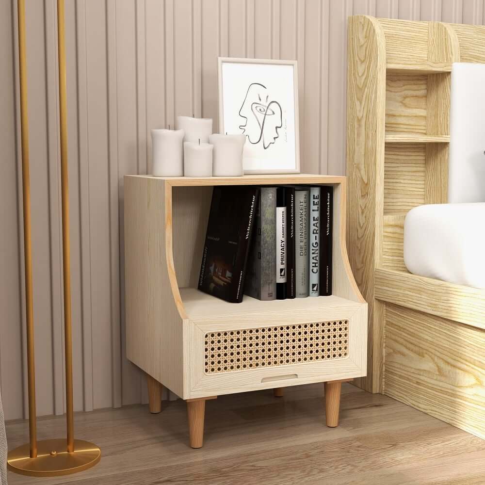 Rustic Ash Wood Nightstand With Drawer And Shelf