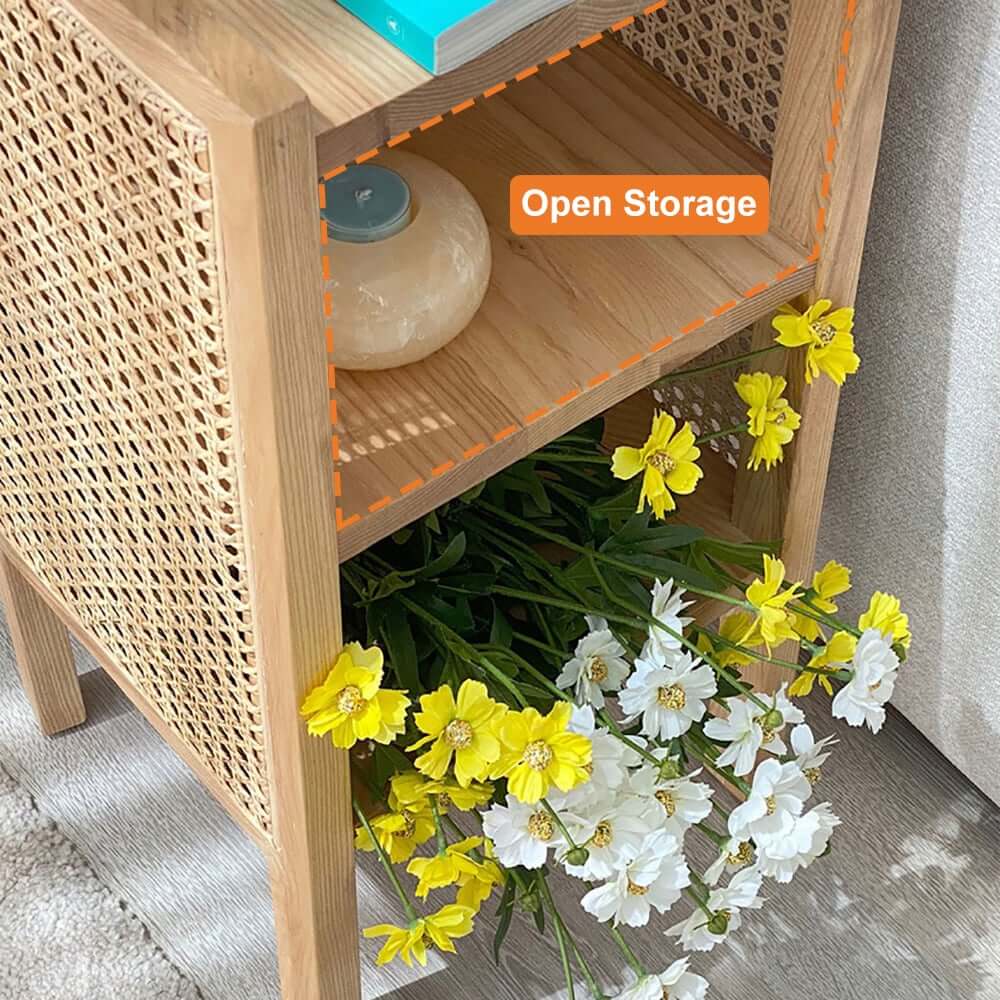 Rustic Ash Wood Nightstand With Open Storage Shelves