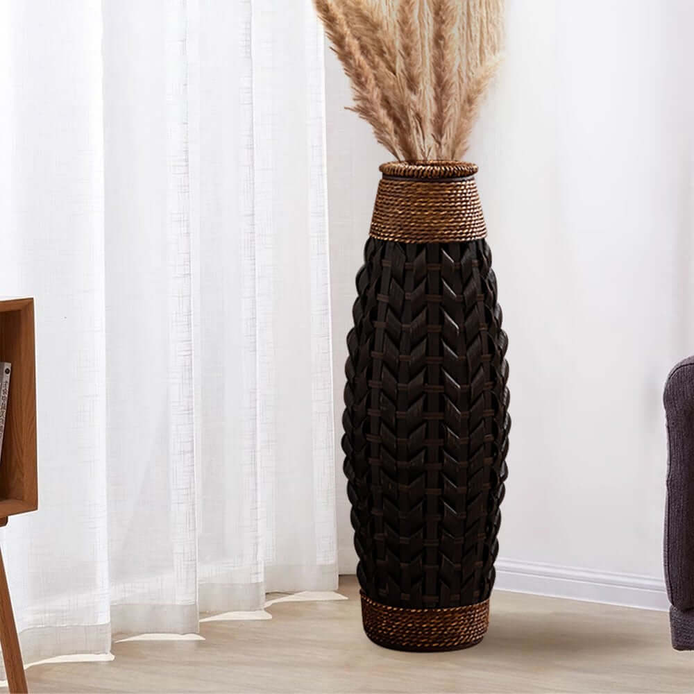 Rustic Bamboo & Rattan Oval Vase for Indoor Home Decor