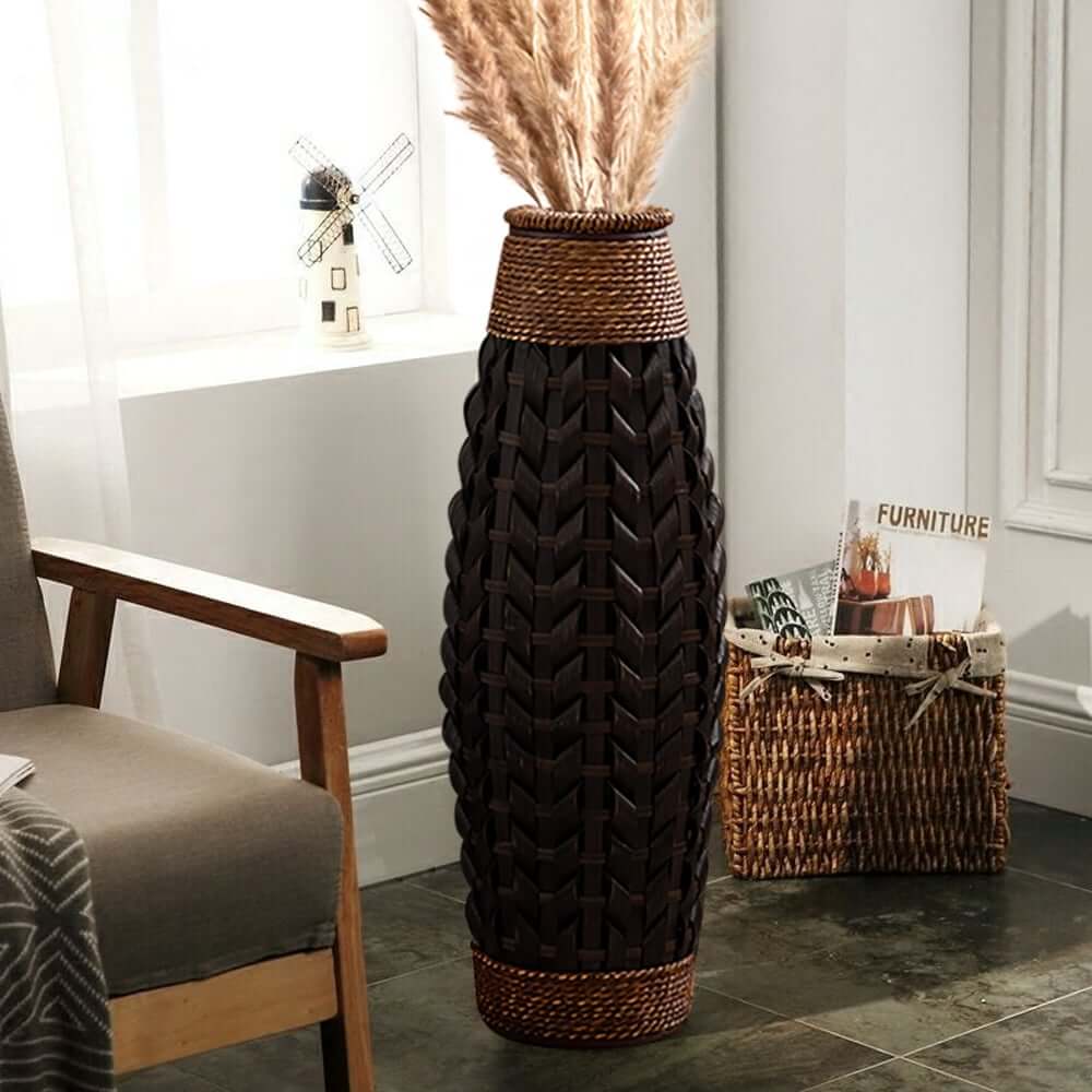 Rustic Bamboo & Rattan Oval Vase for Indoor Home Decor Main Product Image