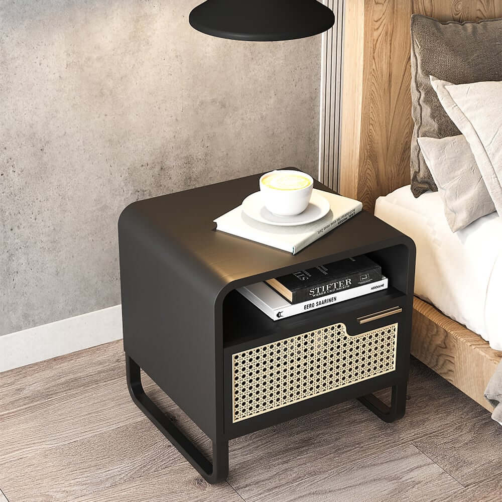 Rustic Black Nightstand With Metal Top And Rattan Drawer