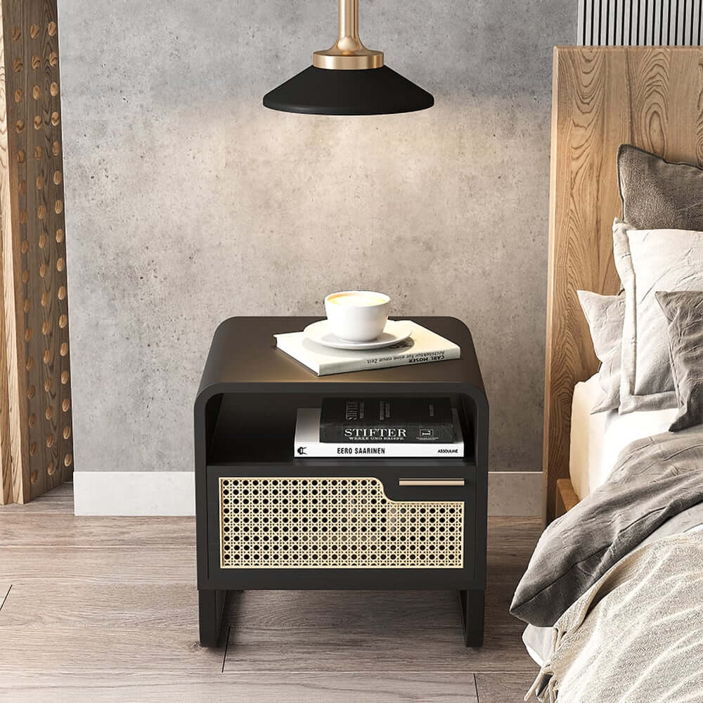 Rustic Black Nightstand With Metal Top And Rattan Drawer