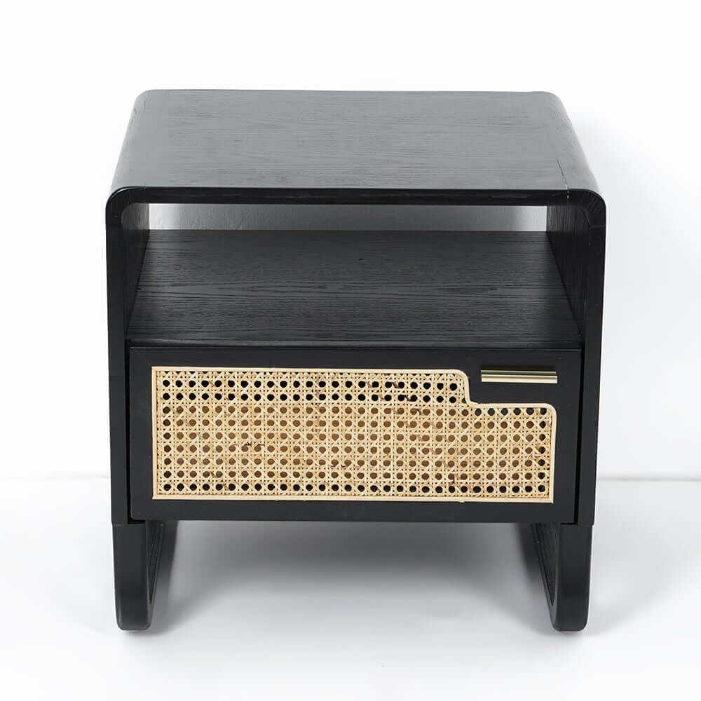 Rustic Black Nightstand With Metal Top And Rattan Drawer