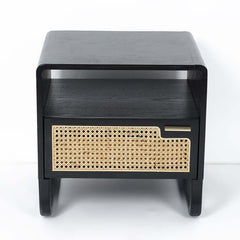 Rustic Black Nightstand With Metal Top And Rattan Drawer