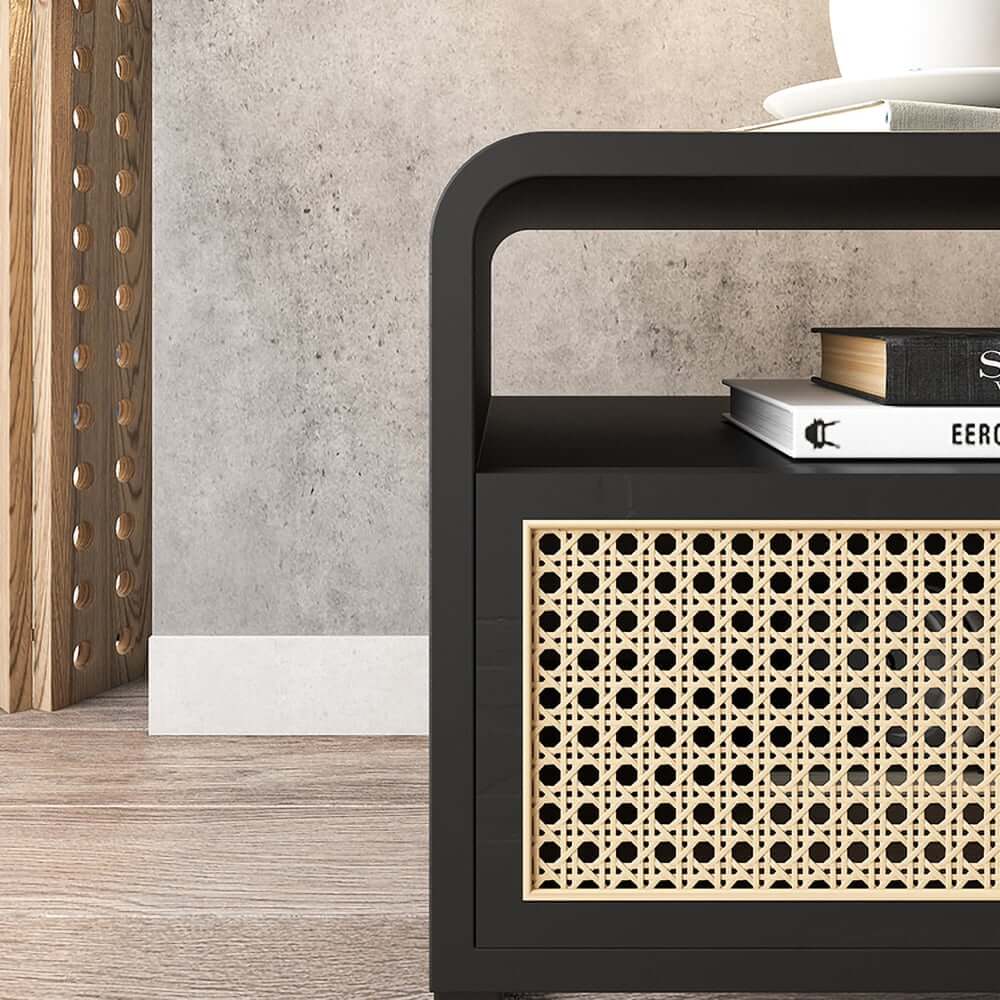 Rustic Black Nightstand With Metal Top And Rattan Drawer