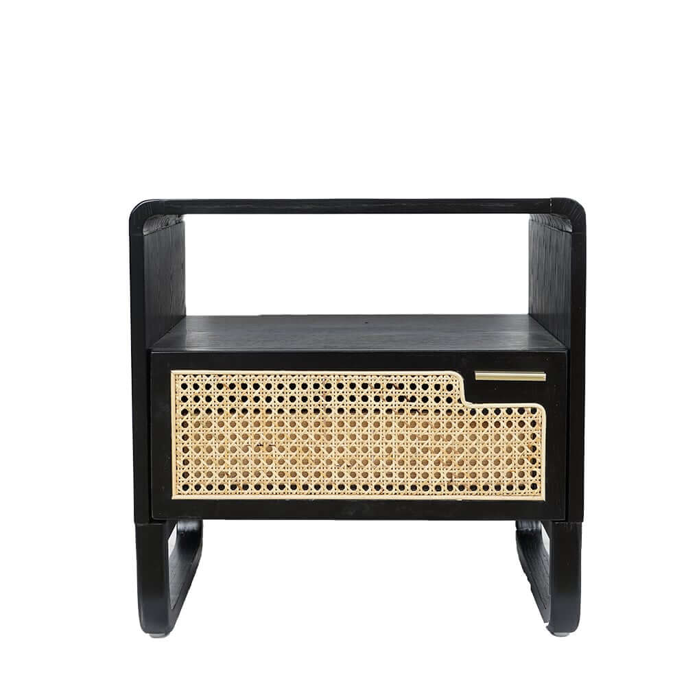 Rustic Black Nightstand With Metal Top And Rattan Drawer
