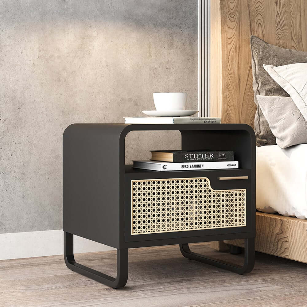 Rustic Black Nightstand With Metal Top And Rattan Drawer Main Product Image