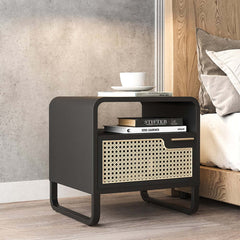 Rustic Black Nightstand With Metal Top And Rattan Drawer Main Product Image