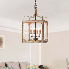 Rustic Candle-Style Lantern Chandelier with Adjustable Height
