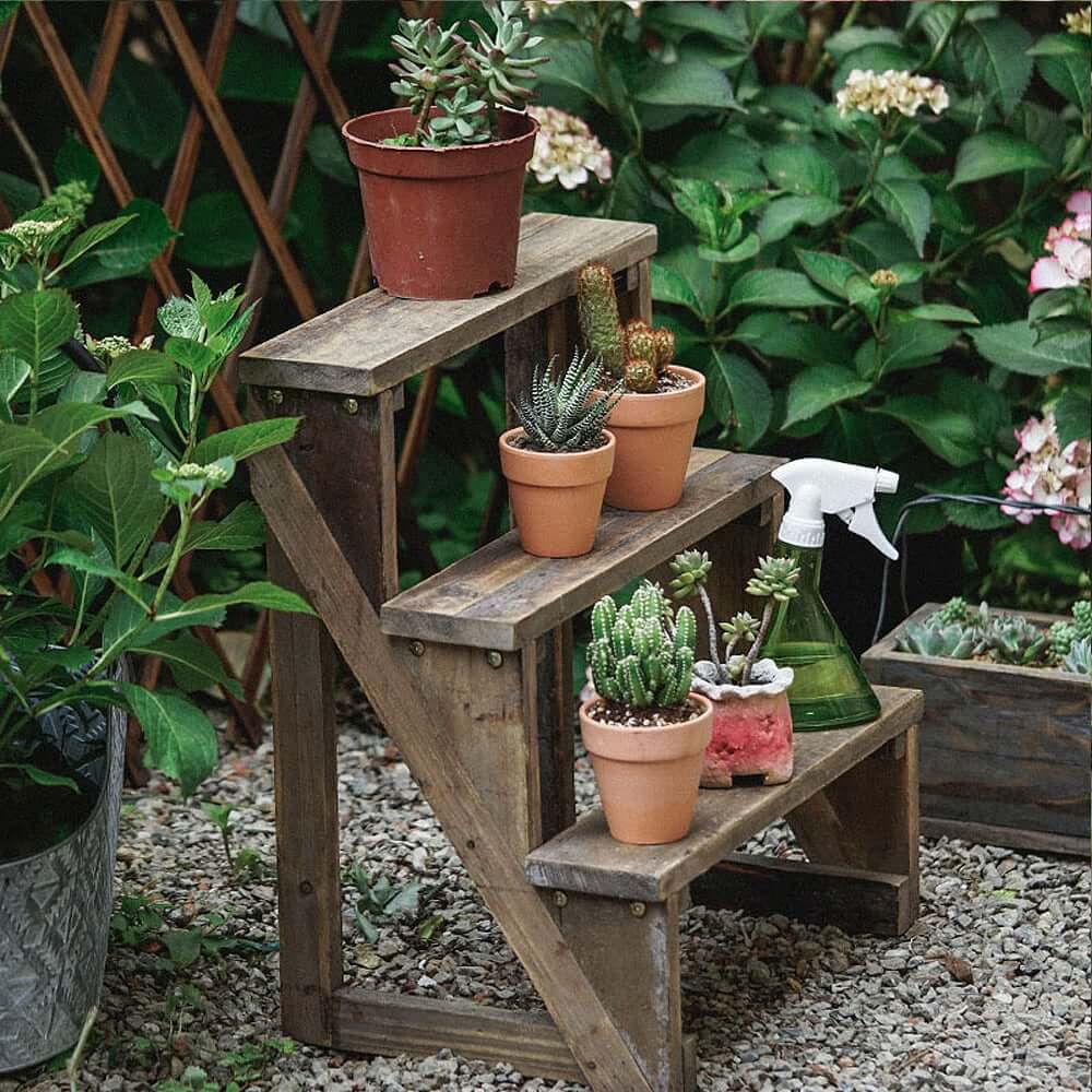 Rustic Distressed Brown Wooden 3-Layer Ladder Plant Stand