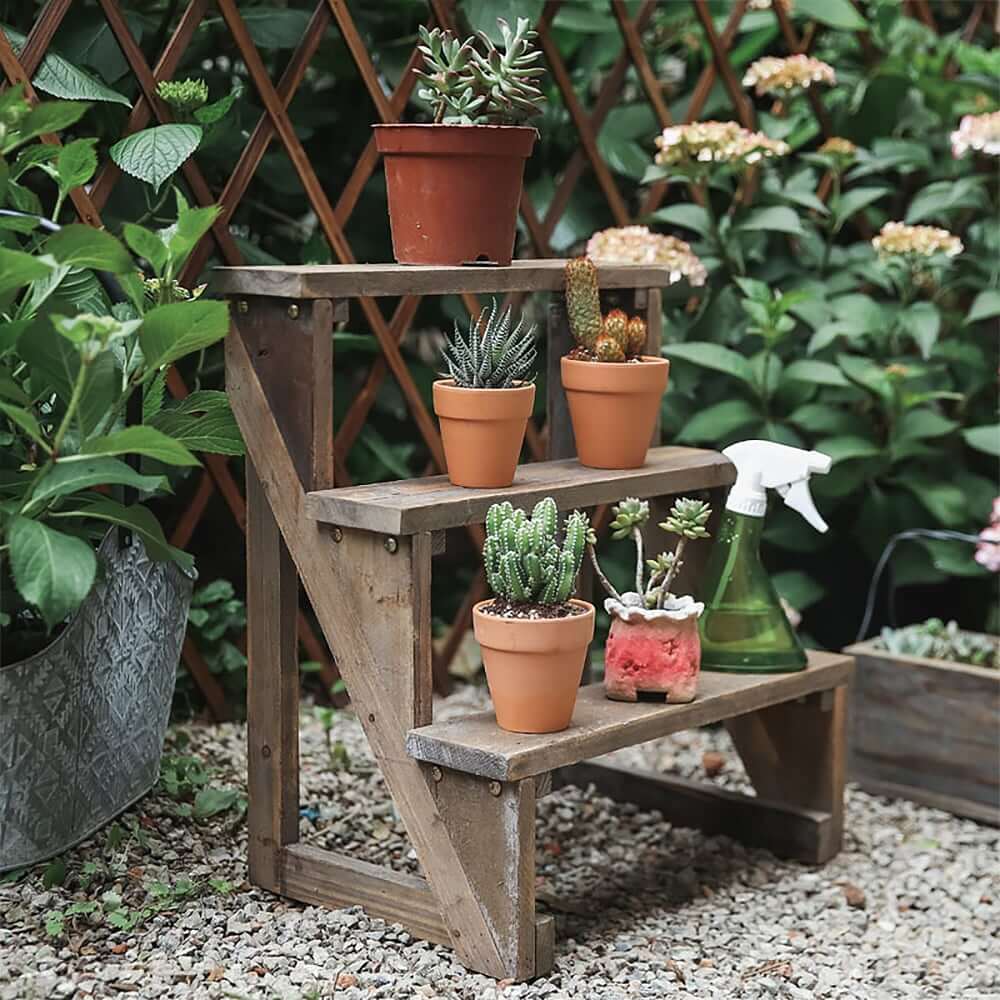 Rustic Distressed Brown Wooden 3-Layer Ladder Plant Stand