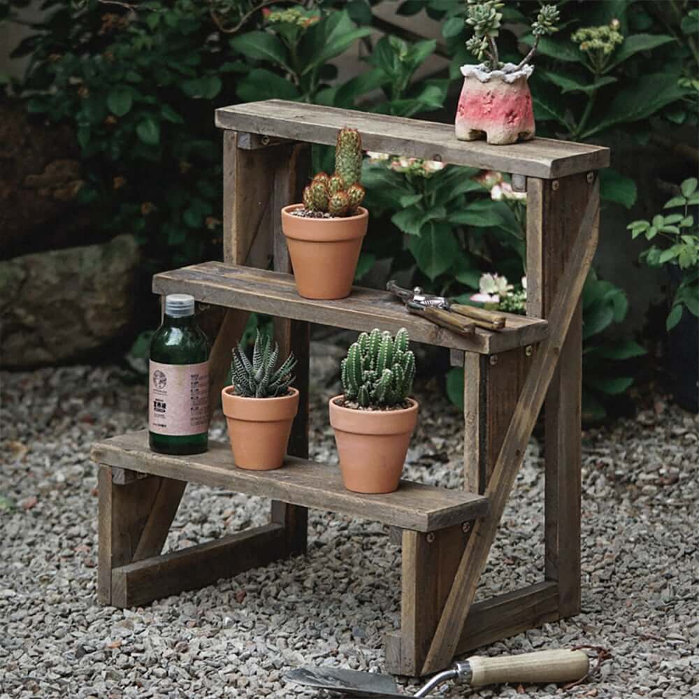 Rustic Distressed Brown Wooden 3-Layer Ladder Plant Stand