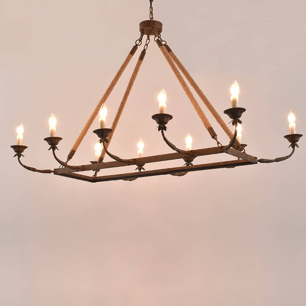 Rustic Metal Candle-Style Chandelier with Hemp Rope and Adjustable Chain