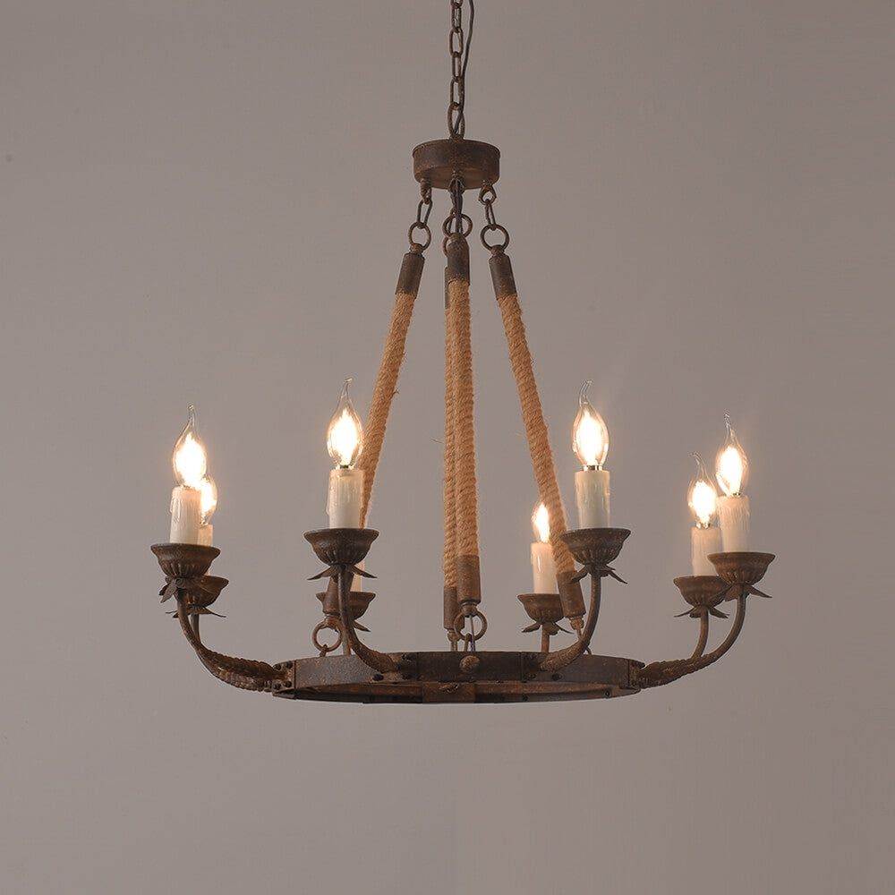 Rustic Metal Candle-Style Chandelier with Hemp Rope and Adjustable Chain