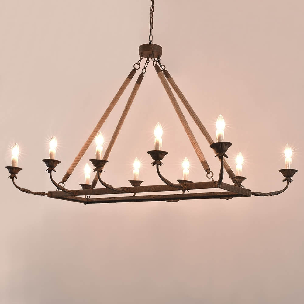 Rustic Metal Candle-Style Chandelier with Hemp Rope and Adjustable Chain