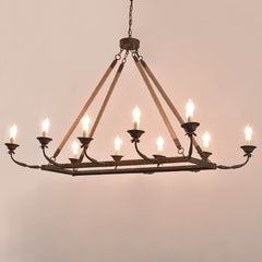 Rustic Metal Candle-Style Chandelier with Hemp Rope and Adjustable Chain