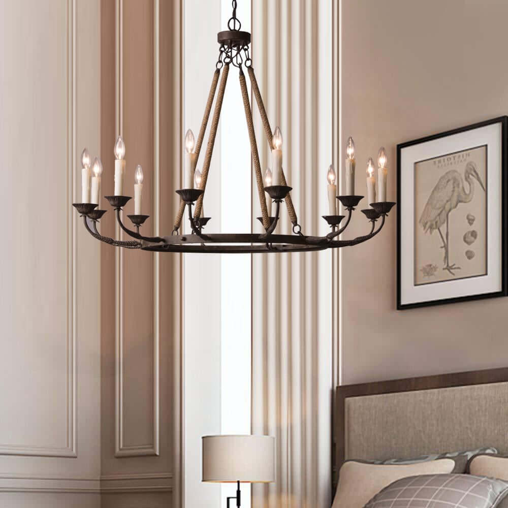 Rustic Metal Candle-Style Chandelier with Hemp Rope and Adjustable Chain