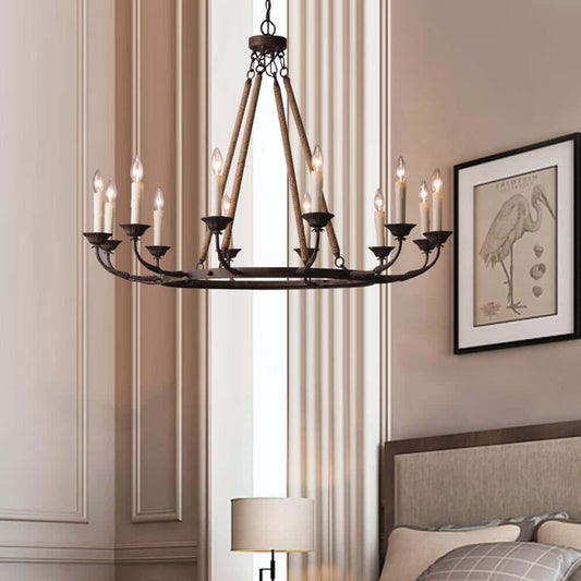 Rustic Metal Candle-Style Chandelier with Hemp Rope and Adjustable Chain