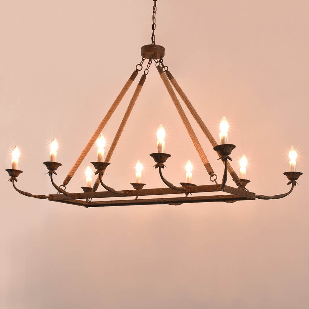 Rustic Metal Candle-Style Chandelier with Hemp Rope and Adjustable Chain