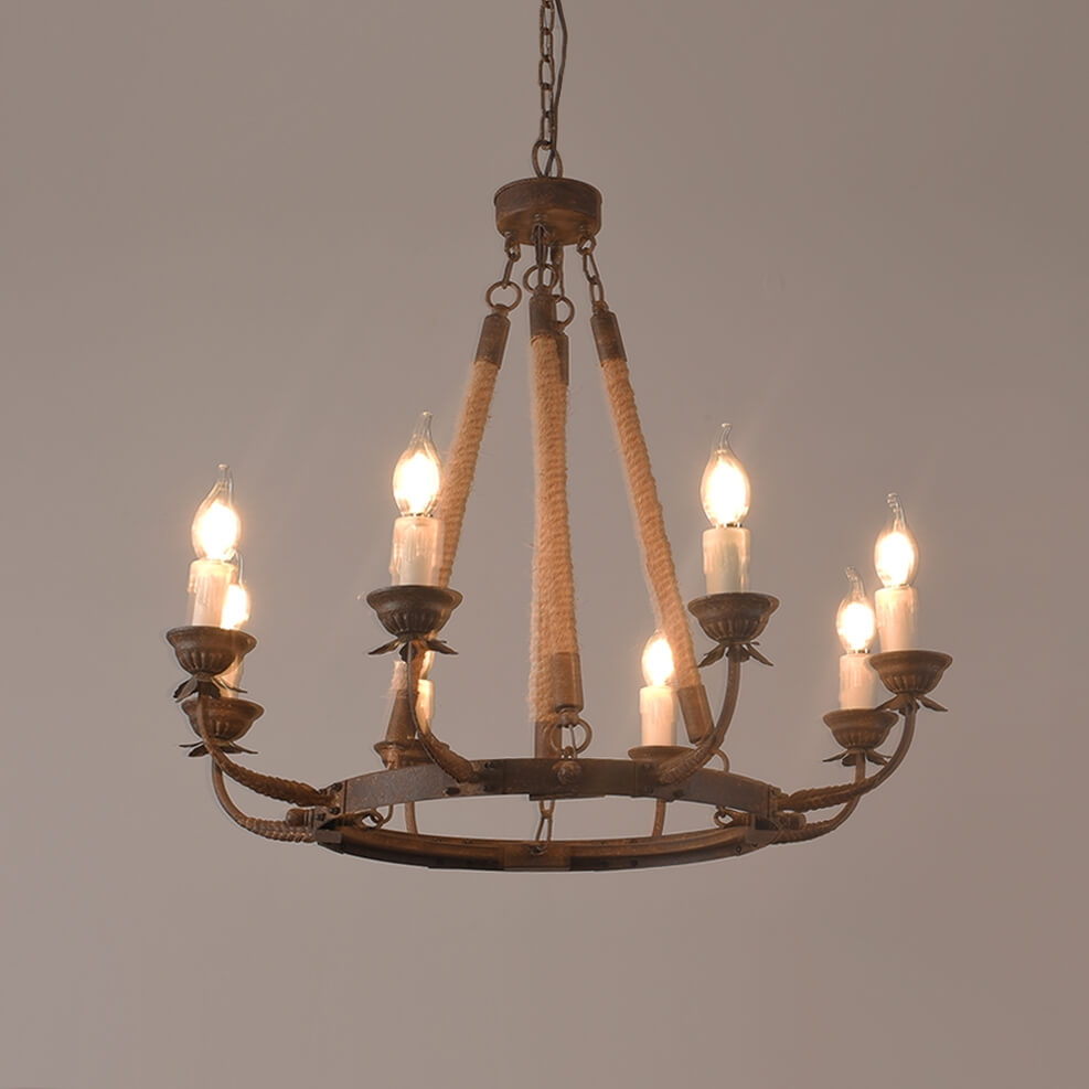 Rustic Metal Candle-Style Chandelier with Hemp Rope and Adjustable Chain