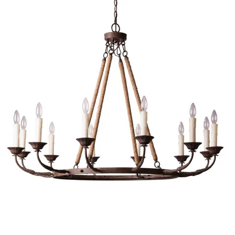 Rustic Metal Candle-Style Chandelier with Hemp Rope and Adjustable Chain