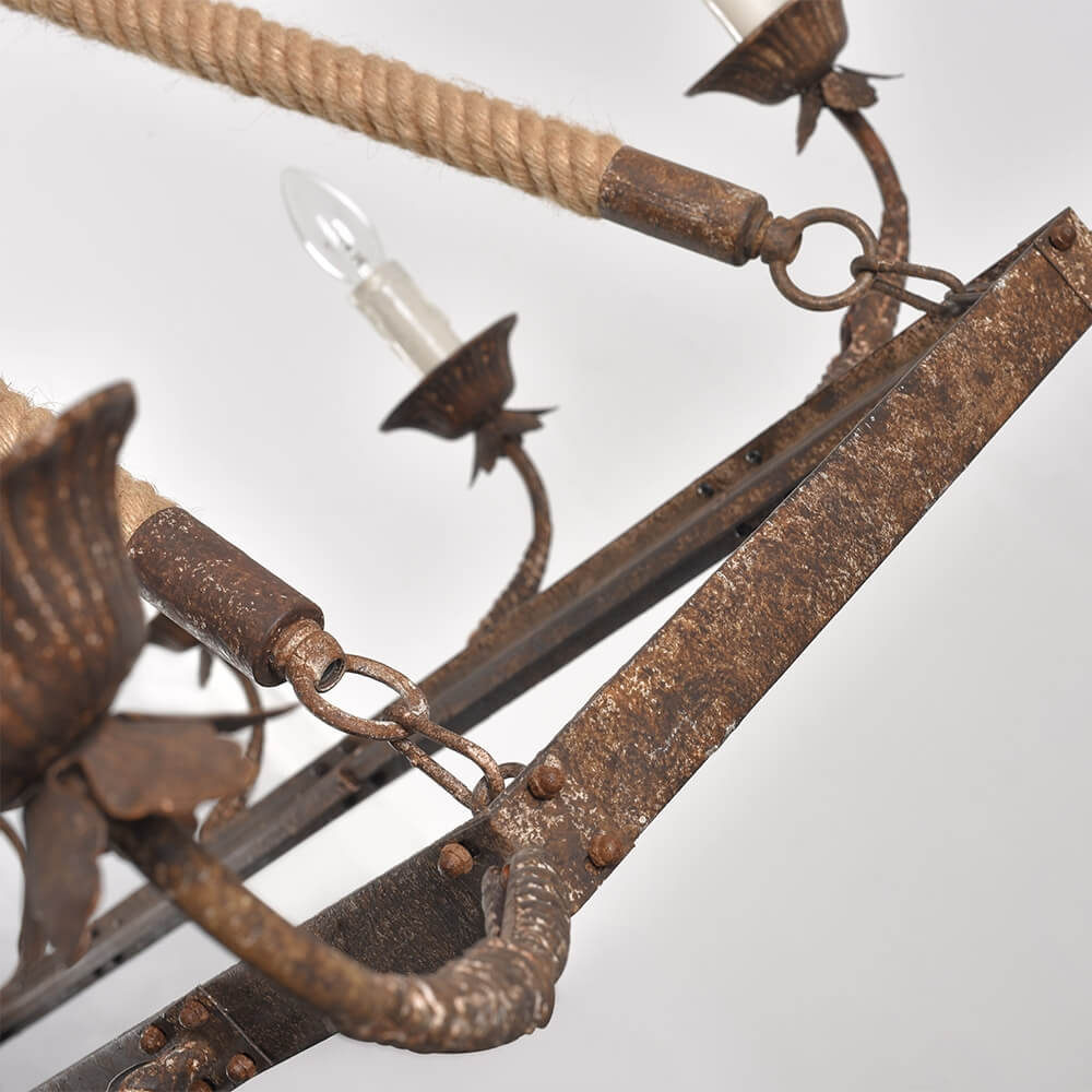 Rustic Metal Candle-Style Chandelier with Hemp Rope and Adjustable Chain