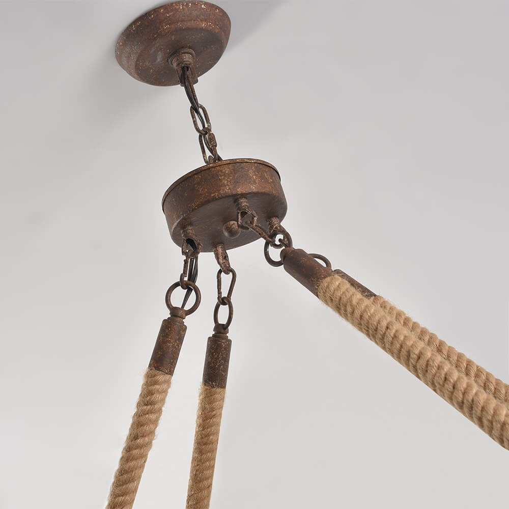 Rustic Metal Candle-Style Chandelier with Hemp Rope and Adjustable Chain