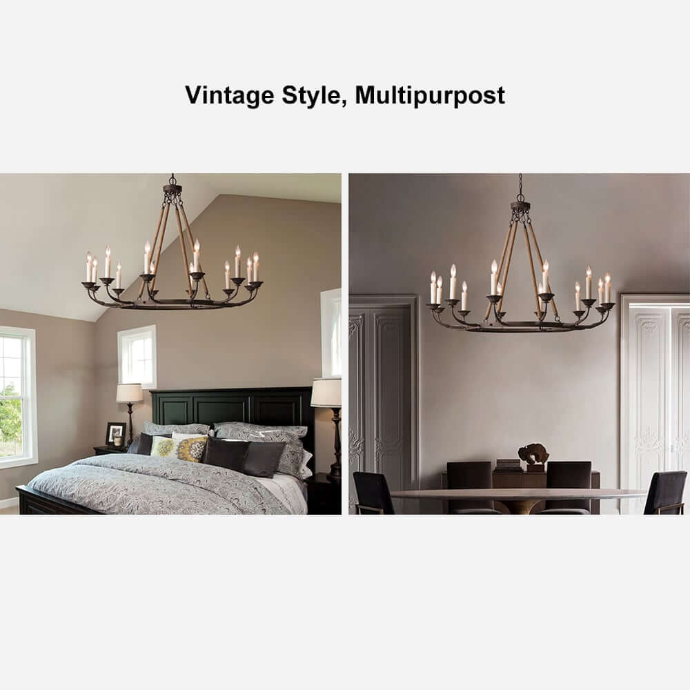 Rustic Metal Candle-Style Chandelier with Hemp Rope and Adjustable Chain