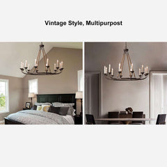 Rustic Metal Candle-Style Chandelier with Hemp Rope and Adjustable Chain