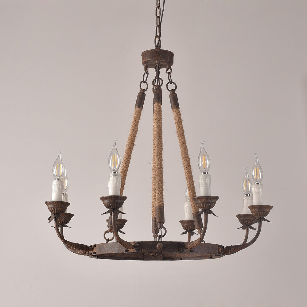 Rustic Metal Candle-Style Chandelier with Hemp Rope and Adjustable Chain