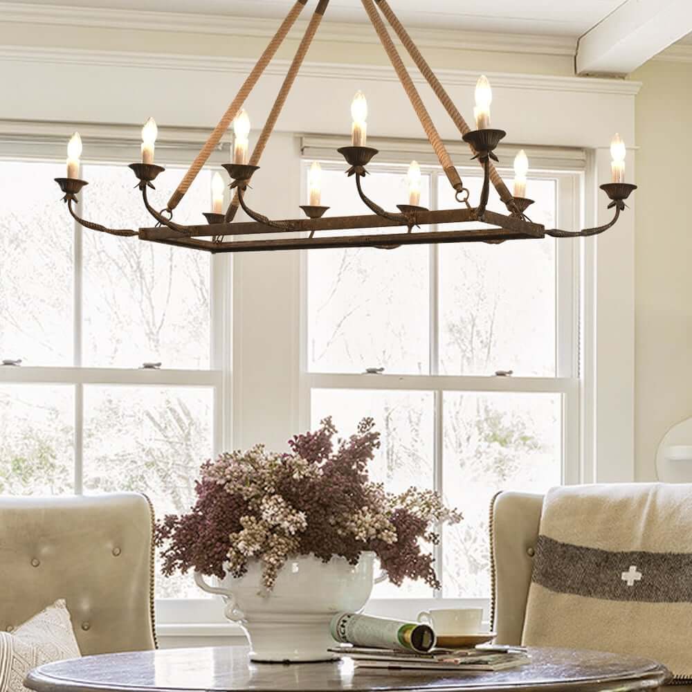Rustic Metal Candle-Style Chandelier with Hemp Rope and Adjustable Chain